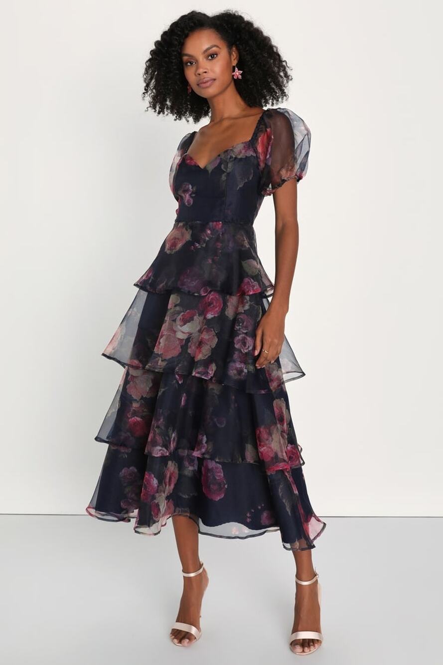 NWT Lulus Oh-So Stunning Navy Blue Floral Organza Tiered Midi Dress Cruise Sze M